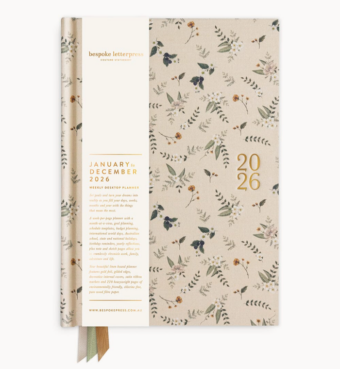 Pre-order: Bespoke Letterpress 2026 Desktop Linen Bound Weekly Planner in Button Fern