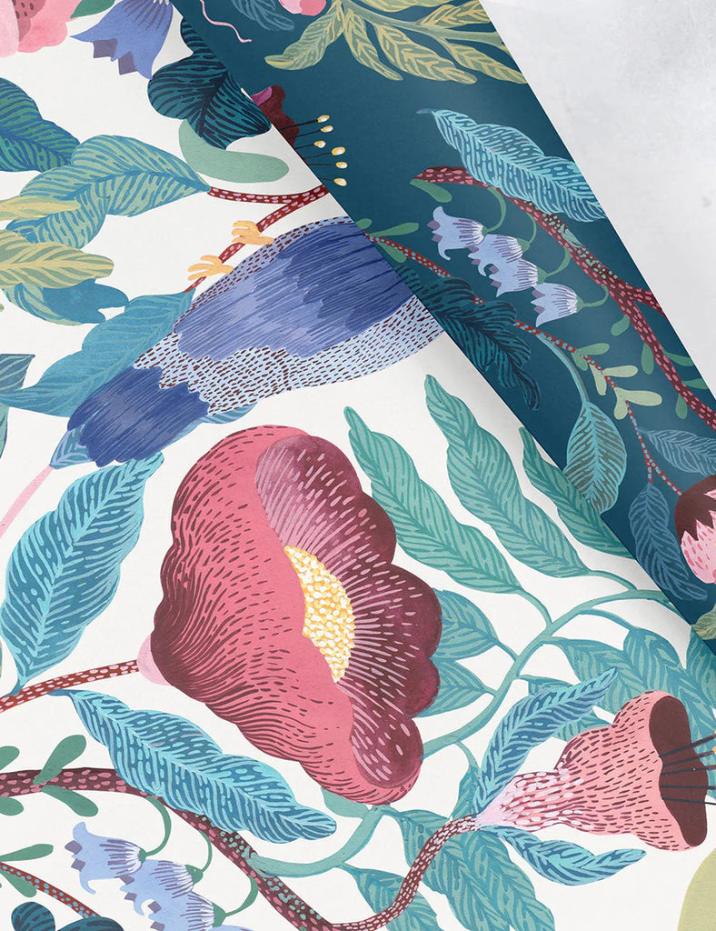 Bespoke Letterpress Bird Twig / Indigo Floral Wrapping Sheet