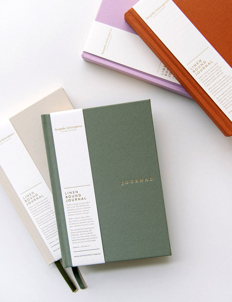 Bespoke Letterpress Linen Bound Journal in Olive