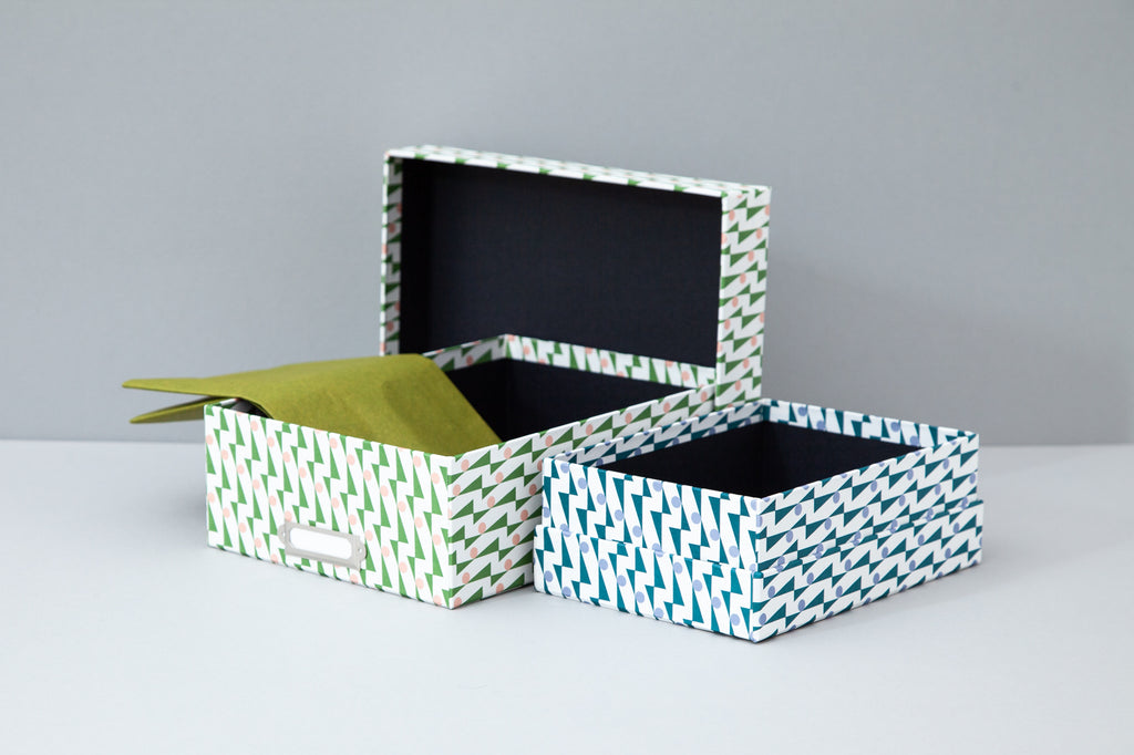 Ola Set of 2 Archive Boxes - Enid Print in Green / Ultramarine